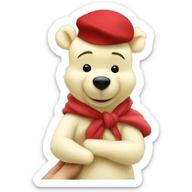 white winnie the pooh, parisien style with red beret on hair and baguette 🥖  on arms, eiffel tower in background sticker
