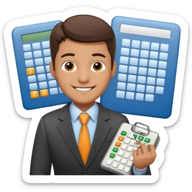 male aUDITOR smiling with spreadsheet and a calculator, emoji, ADD A puzzle and a Balance for accounting sticker