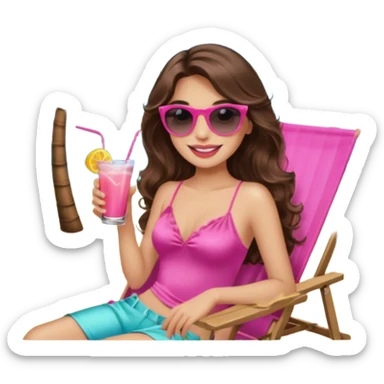 girl with long wavy brown hair, brown eyes, long lashes makeup, sexy pink lips, smiling, light to medium complexion, wearing a pink sexy silk top, relaxing in a beach chair, wearing black sunglasses, holding a drink, palm trees beach background  sticker