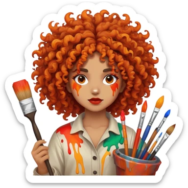 Artistic character with crazy wild hair, creative chaotic vibes, holding paint brushes and surrounded by intense fiery artwork sticker