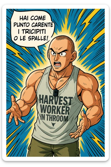 Personal trainer che dice al suo allievo, "hai come punto carente i tricipiti o le spalle!" Stile manga di Dragon Ball sticker