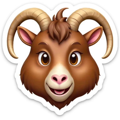 Cinematic Comical Brown Goat Portrait Emoji, Head tilted dramatically with an exaggeratedly amused expression, featuring a sleek brown fur with distinct, quirky curved horns, wide, expressive eyes filled with playful disbelief, Simplified yet hilariously expressive features, highly detailed, glowing with a slightly sassy glow, high shine, dramatic yet playful, stylized with an air of cheeky mischief, bright and endearing, soft glowing outline, capturing the essence of a spirited and over-the-top goat, so meme-worthy it feels like it could side-eye its way into internet fame instantly! sticker
