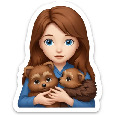 long hair chestnut color blue eyes woman holding small ewok dog sticker