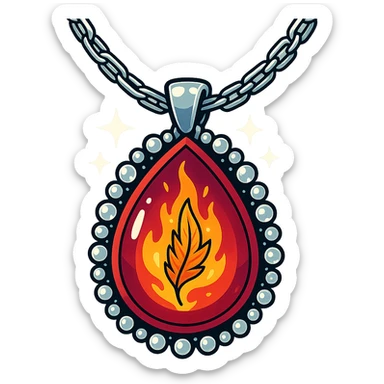 A teardrop ruby pendant with fiery light, a tiny phoenix feather emerging, haloed by shimmering white stones, and a silver chain like liquid moonlight sticker