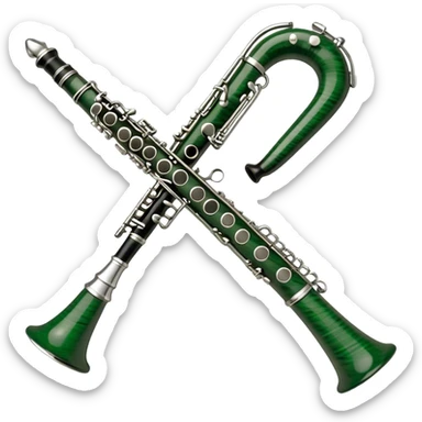 Create an elegant and refined emoji representing the Buffet Crampon Legende Green Line A clarinet. The design should showcase the sleek, dark wood finish of the clarinet with its shiny metal keys and elegant detailing. Include the distinct, high-quality features of the Green Line model, such as the unique greenish tint of the wood, giving it a modern and sophisticated look. Add subtle elements like the mouthpiece with the reed, emphasizing its importance in sound production. Use dark tones like ebony, silver for the keys, and soft light reflections to evoke a professional, classical feel. The background should be transparent. sticker
