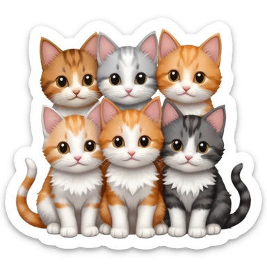6 tiny kittens cuddling together all different colours, the first one is grey and white, the second is ginger and white and the third is brown tabby and white sticker