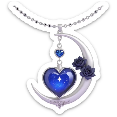gothic heart, midnight blue glass, silver crescent moon, tiny black roses, shimmering stardust, with a silver chain wrap sticker