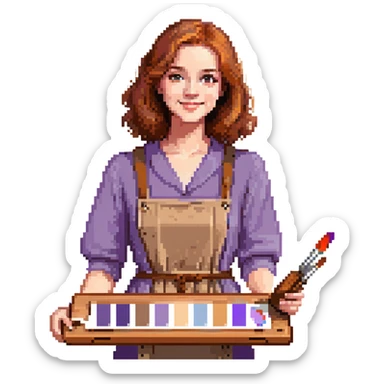 Serene female oil painter, Caucasian features, shoulder-length auburn hair, soft brown eyes, gentle smile, wearing a violet painter’s smock lightly stained with paint over a beige blouse, holding a wooden palette with vibrant colors in one hand and a brush in the other, waist-up, front-facing sticker