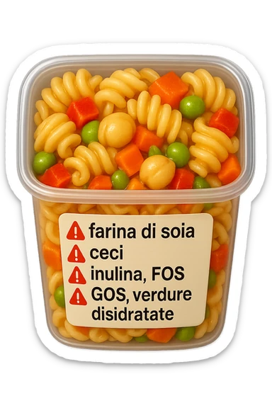 SU QUESTO STILE FAI UN EMOJI STILE IPHONE 3D DI UN insalata di pasta precotta preconfezionata con ETICHETTA CON GLI INGREDIENTI SCRITTI, "farina di soia, ceci, inulina, FOS, GOS, verdure disidratate" accanto ad ogni nome scritto mettici un segnale di allarme, FALLO MOLTO REALISTICO IN 3D sticker