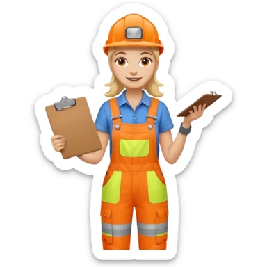 smiling woman in orange hi vis overalls and boots holding a clipboard sticker