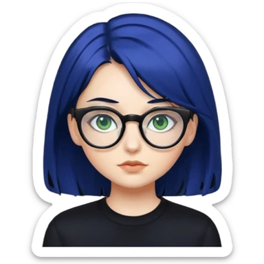 A girl with dark blue hair, glasses and green eyes, wearing black clothes  sticker