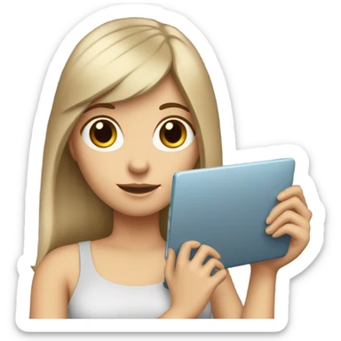 white girl with dark straight long hair and bangs holding a laptop in her hands sticker