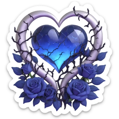 gothic heart, midnight blue glass, silver crescent moon, black roses, stardust, lightning, rain, cracked glass, vaporwave style sticker