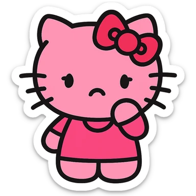 Hello Kitty character, pink color, sad expression, simple and iconic style sticker