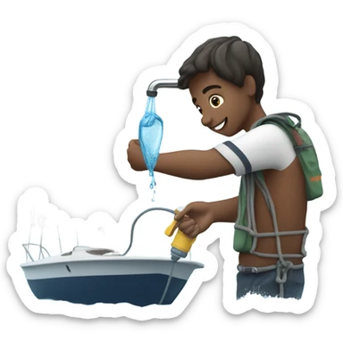 boy pouring water from a hose onto a sailboat  sticker