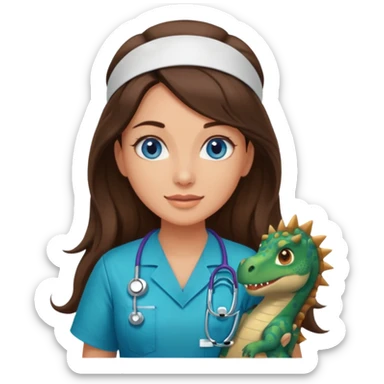 pretty brunette nurse with long hair and blue eyes in dinosaur scrubs sticker