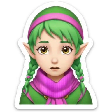 An elf girl with green hair, brown eyes, and a pink scarf who appears to be extremely stressed. sticker