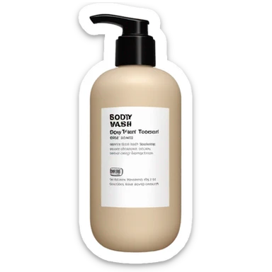 Beige bottle of body wash with a matte black pump top sticker