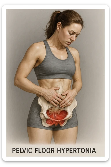 realistic anatomical illustration of a woman in sportswear inspired by reference photo, showing pelvic floor hypertonia: highlighting contracted muscles, medical style, neutral background sticker