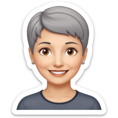 woman 60 years old, shaved short dark grey hair, brown eyes smile sticker