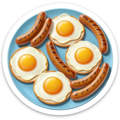 sausage and eggs object icon, fried eggs with sunny yolks, grilled sausages, warm breakfast vibe, delicious food presentation, 3D cartoon style, mobile game icon style, centered, clean background, no text, no watermark
 sticker