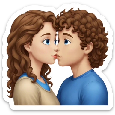 boy with light brown wavy hair and blue eyes giving a forehead kiss to a girl with brown curly hair and brown eyes  sticker