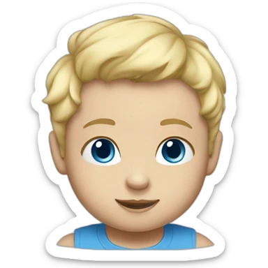 A baby with blond hair, blue eyes and a blue t-shirt sticker