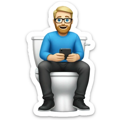 White man with a beard, glasses and blue eyes sitting on the toilet holding a phone sticker