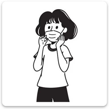 Old girl wearing medical mask with bangs and short hair, hair color brown sticker