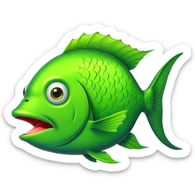 ridiculously stupid bright green fish in side profile facing right, extremely wide eye, gaping mouth open in surprise, looks completely baffled, flat 2D side view only sticker