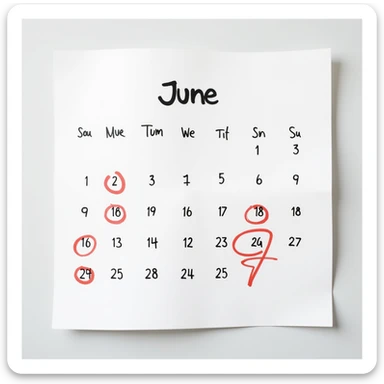 photorealistic calendar sheet, no background, with days from June 1 to June 7 (Monday to Saturday) circled in red, no border, no shadow, just the sheet sticker