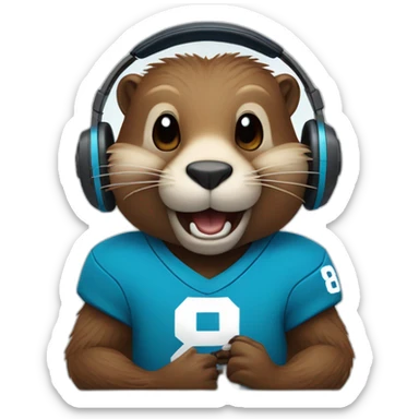 beaver with headphones, two longs front teeths and blue jersey with number 84 sticker