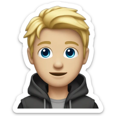 young blond man full bodywith gray-blue eyes dressed in a gray hoodie and black vest sticker