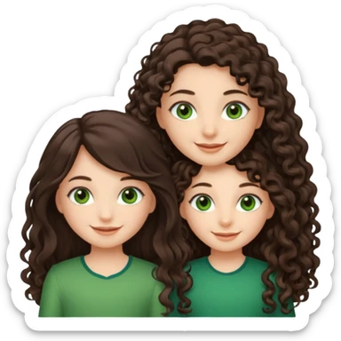 Two moppet girls, 1: long ironed straight darkbrown hair, green eyes, 2: long curly darkbrown hair, brown eyes sticker