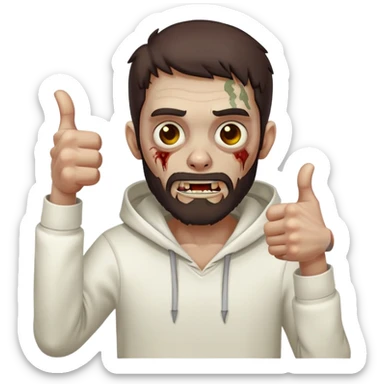zombie with thumbs up gesture wearing plain white hoodie with no designs, dark brown hair and short full beard sticker