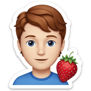 Please generate a portrait of a boy. He has wavy, light brown to reddish-brown hair, a right side parting, slightly longer sideburns, blue eyes, a snub nose, and a rather pronounced, strawberry-red pout. He is smiling. sticker