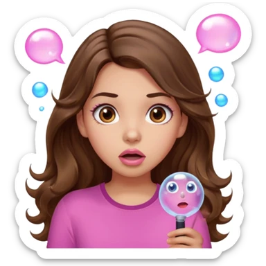 girl with long wavy brown hair, brown eyes, light to medium complexion, in a pink shirt, pink lips, long lashes, surprised, wow bubble sticker
