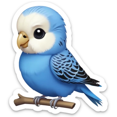 cinematic-cute-blue-budgie-portrait-emoji,-head-tilted-playfully-and-inquisitively,-featuring-a-brilliant-blue-feathered-fur-and white and black face-with-a-natural-sheen,-round,-sparkling-dark-eyes-filled-with-curiosity,-simplified-yet-irresistibly-adorable sticker