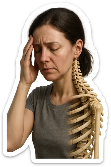donna stanca che si tiene una mano sulla tempia con spina dorsale anatomica visibile, iperrealistico 4k sticker