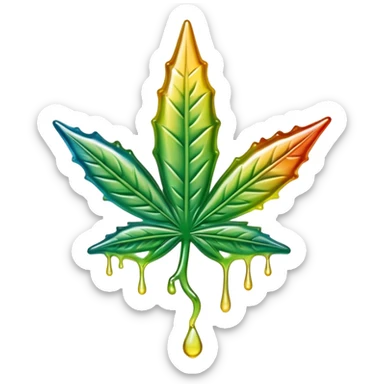colorful shiny gusher gummy shaped like a cannabis leaf with dripping liquid effect sticker