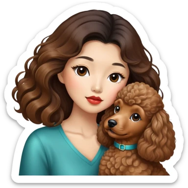 a asian lady with long balayage hair, long lashes, kissing a brown poodle sticker