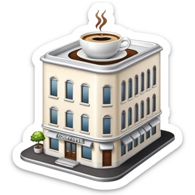 generate realistic detailed building with coffee cup on the top in 3d style sticker