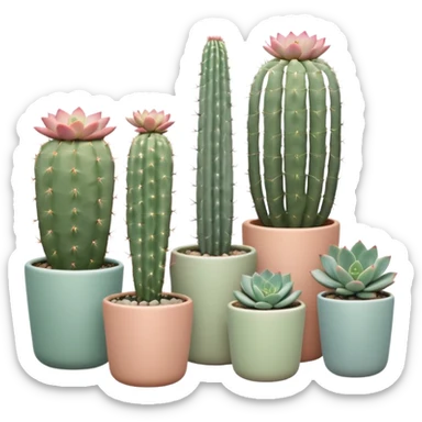Ceramic pots in pastel colors, tall and short, cylindrical, square, and bowl-shaped, containing cereus cactus plants, hanging cacti, flowering cacti, echeveria succulents, sedum succulents, and graptopetalum succulents placed in a row on the floor sticker