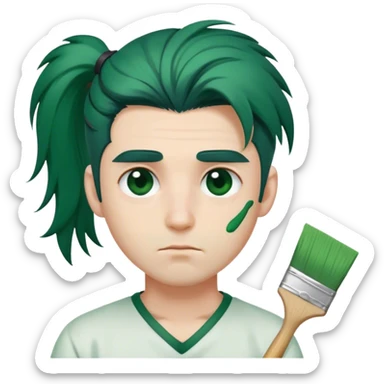  a male with sleepy eyes and dark green hair one side of his eyes is covered by his hair he has a pony tail whitish skin holding a paint brush that massive  sticker