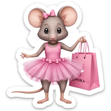 rat with a pink dress and tutu holding a Sephora shopping bag sticker