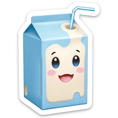 Cute Kawaii Milk Carton, small and boxy, bright pastel blue and white, blushing cheeks, a tiny straw poking out, soft glowing highlights, adorable farm-fresh cuteness! sticker