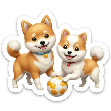 2 dogs, one ginger shiba inu et one white bichon, playing with a ball in a sunny garden sticker