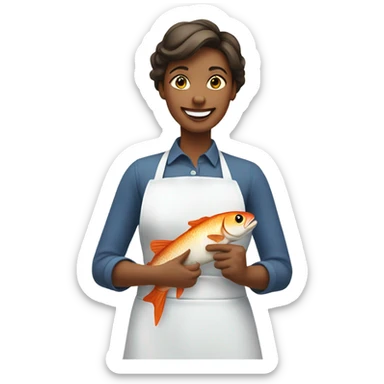 smiling mom in apron with fish sticker