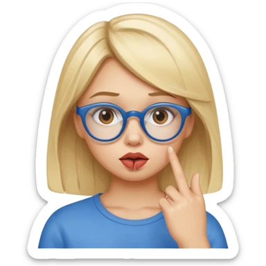 Blonde girl with brown eyes,  blue glasses saying shhhh with her finger to her pouty lips sticker