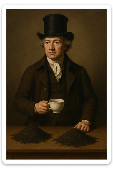 Сгенерируй мне британского предпринимателя 18 век, собирательный образ, в цилиндре, на однородном фоне. Он должен полностью помещаться в экран и не касаться краев изображения, и не обрезаться ими Он стоит за столом, на столе большие кучи росыпью чай, а сам он держит кружочку чая В СТИЛЕ РЕАЛИСТИЧНОЙ ЖИВОПИСИ sticker